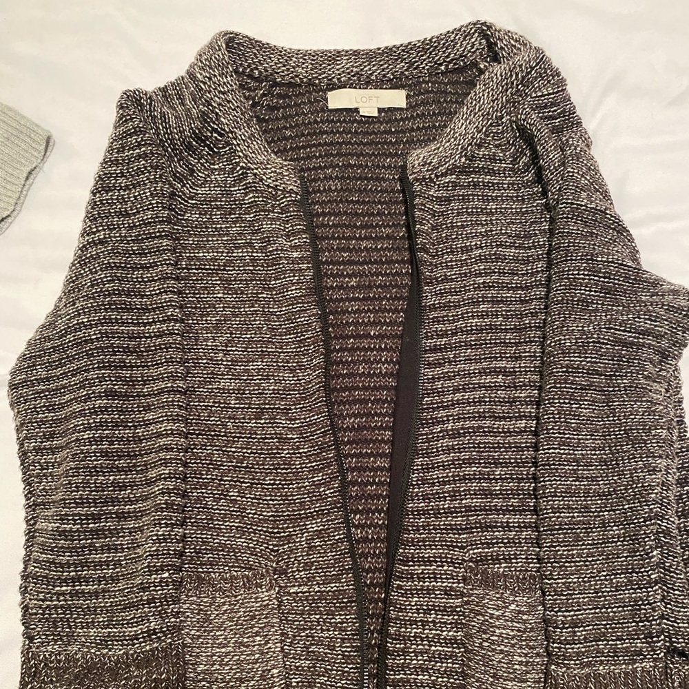 Ann Taylor zip knit jacket in brown tweed. Great with jeans and skirts